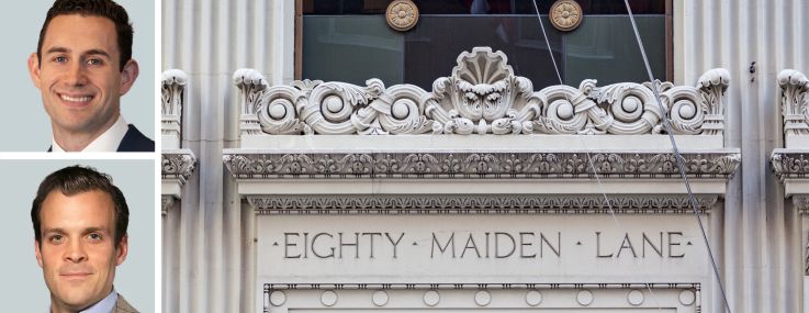 CBRE's Robert Wizenberg (top), Neil King (center) and Paul Amrich, and 80 Maiden Lane.