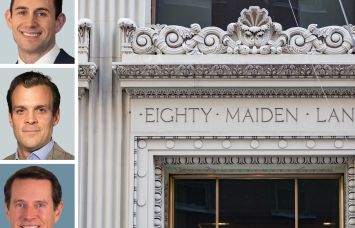 CBRE's Robert Wizenberg (top), Neil King (center) and Paul Amrich, and 80 Maiden Lane.