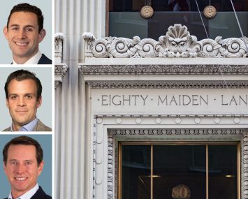 CBRE's Robert Wizenberg (top), Neil King (center) and Paul Amrich, and 80 Maiden Lane.