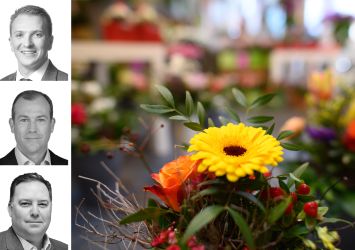 Newmark's Sage Segal (top), Jeff Cannon (center) and Greg Tippin, and an arrangement inside a flower shop.