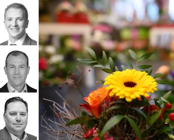 Newmark's Sage Segal (top), Jeff Cannon (center) and Greg Tippin, and an arrangement inside a flower shop.
