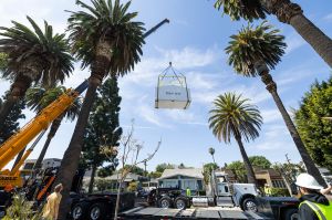 Culver City’s Housing Strategy: Don’t Be L.A. A Samara XL modular house is lowered into place at a project site in Culver City, Calif.