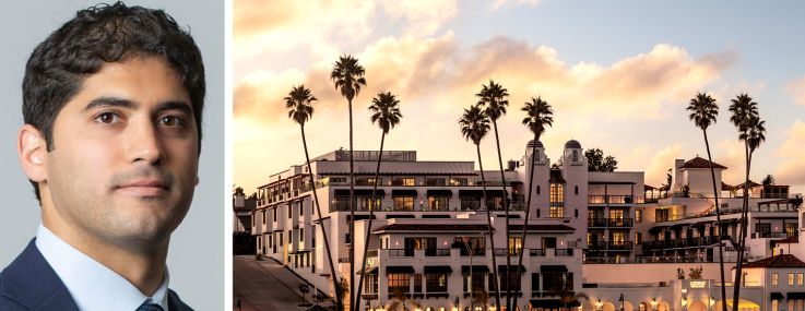 Samir Tejpaul of Madison Realty Capital and a rendering of La Bahia Hotel & Spa in Santa Cruz, Calif.