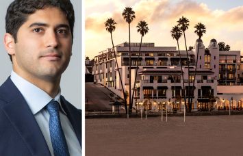 Samir Tejpaul of Madison Realty Capital and a rendering of La Bahia Hotel & Spa in Santa Cruz, Calif.