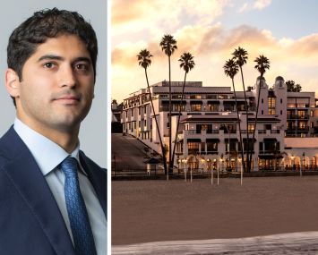 Samir Tejpaul of Madison Realty Capital and a rendering of La Bahia Hotel & Spa in Santa Cruz, Calif.