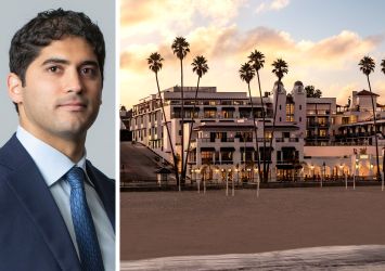 Samir Tejpaul of Madison Realty Capital and a rendering of La Bahia Hotel & Spa in Santa Cruz, Calif.