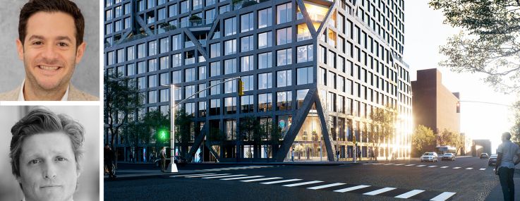 RXR's Scott Rechler (top), Charney Companies's Justin Pelsinger (center), Tavros's Colin Rankowitz, and a rendering of 175 Third Street, Brooklyn.