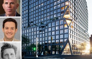 RXR's Scott Rechler (top), Charney Companies's Justin Pelsinger (center), Tavros's Colin Rankowitz, and a rendering of 175 Third Street, Brooklyn.