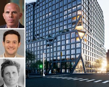 RXR's Scott Rechler (top), Charney Companies's Justin Pelsinger (center), Tavros's Colin Rankowitz, and a rendering of 175 Third Street, Brooklyn.