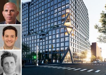 RXR's Scott Rechler (top), Charney Companies's Justin Pelsinger (center), Tavros's Colin Rankowitz, and a rendering of 175 Third Street, Brooklyn.