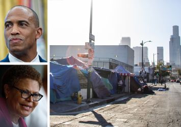 Secretary of Housing and Urban Development Scott Turner (top), Los Angeles Mayor Karen Bass, and homeless tents set up in the Skid Row area of downtown Los Angeles.