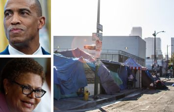 Secretary of Housing and Urban Development Scott Turner (top), Los Angeles Mayor Karen Bass, and homeless tents set up in the Skid Row area of downtown Los Angeles.