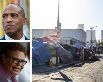 Secretary of Housing and Urban Development Scott Turner (top), Los Angeles Mayor Karen Bass, and homeless tents set up in the Skid Row area of downtown Los Angeles.