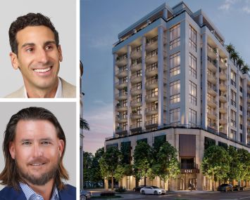 Berkadia's Scott Wadler (top) and Matthew Nihan, and a rendering of Cora Merrick Park in Coral Gables, Fla.