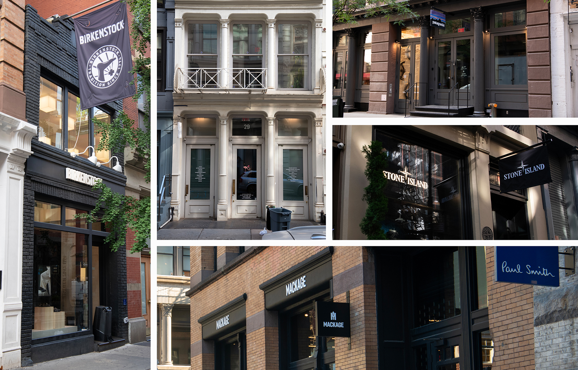 In Soho, 120 Spring Street (clockwise from left), 29 Greene Street, 61-63 Crosby Street, 70 Greene Street, and 138-142 Spring Street.