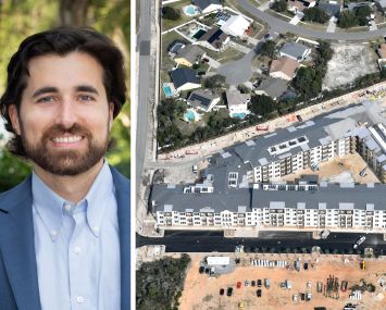 Peachtree Group's Taylor Pike and an aerial view of Seahaven Apartments under construction in Panama City, Fla.