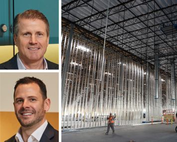 CBRE's Tom Traynor (top) and Tom Rugg, and a warehouse under construction.