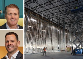 CBRE's Tom Traynor (top) and Tom Rugg, and a warehouse under construction.
