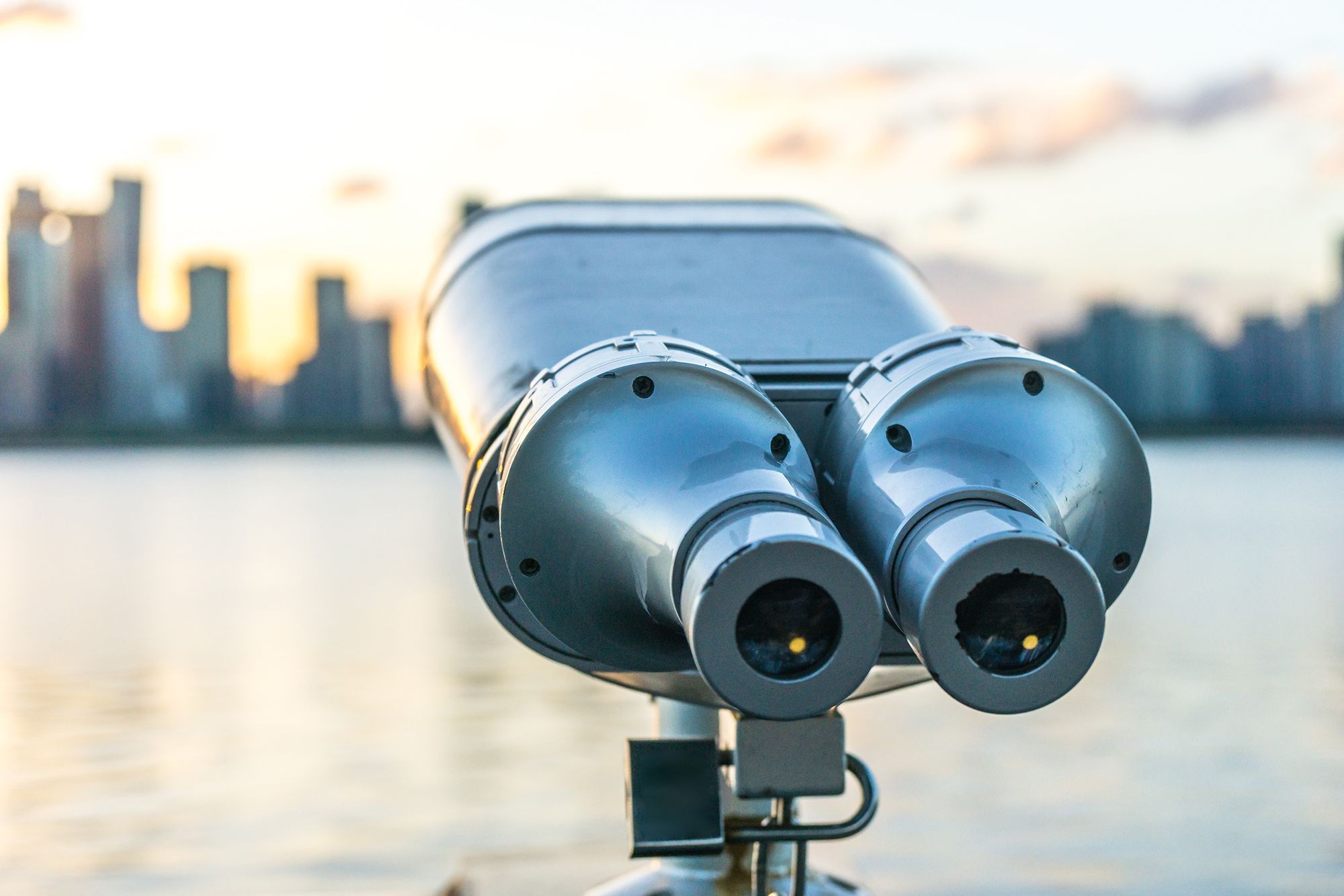 A photo of binoculars with a city skyline in the distance.