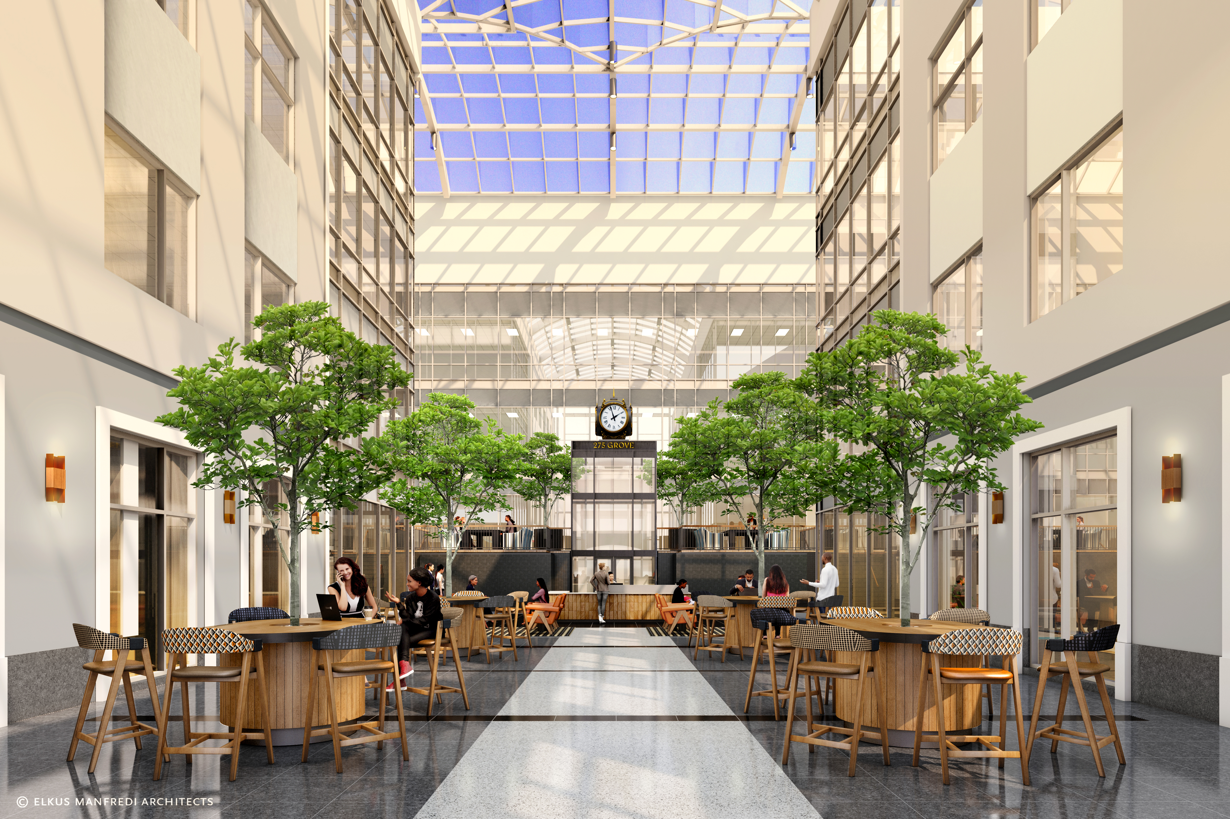 A rendering of 275 Grove's reception area.