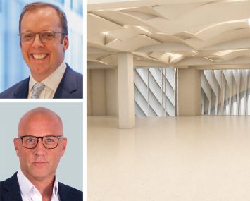 CBRE’s Chris Mansfield (top) and Anthony Dattoma (bottom) pictured with an interior view of the event space.