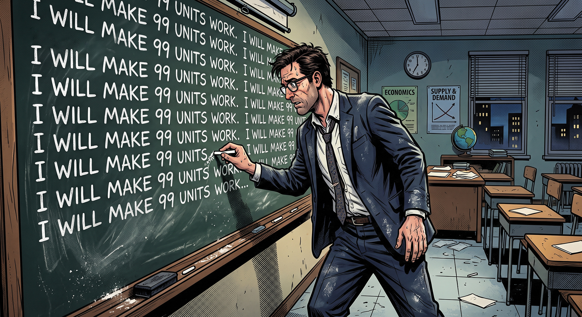 An illustration of a harried looking man in a business suit writing, "I will make 99 units work." on a chalkboard.