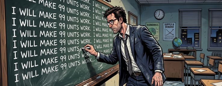 An illustration of a harried looking man in a business suit writing, "I will make 99 units work." on a chalkboard.