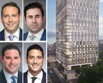 Walker & Dunlop's Aaron Appel (clockwise from top left), Keith Kurland, Adam Schwartz and Jonathan Schwartz, and a rendering of 35 Cottege Street, Jersey City, N.J.