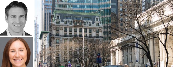 Newmark's Adam Spies (top), Adam Doneger (center) and Avery Silverstein, and 10 Bryant Park.