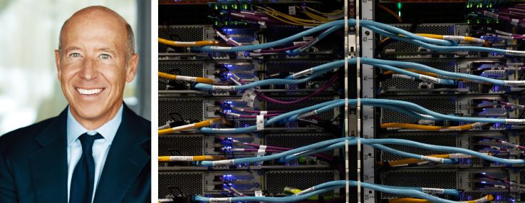 Starwood Capital's Barry Sternlicht and wires inside a server at a data center.