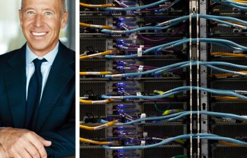 Starwood Capital's Barry Sternlicht and wires inside a server at a data center.