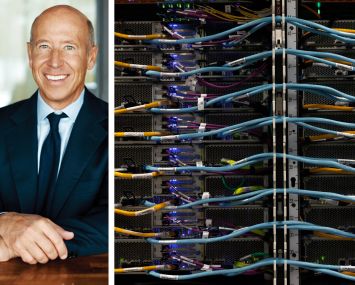 Starwood Capital's Barry Sternlicht and wires inside a server at a data center.