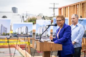 Mayor Karen Bass speaks during a press conference for an affordable veteran housing project in West Los Angeles.