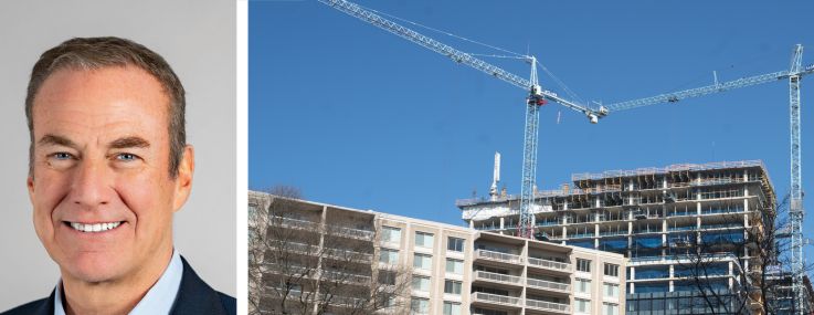 Greystar CEO Bob Faith (top), GID CEO Greg Bates, and construction in Arlington, Va.