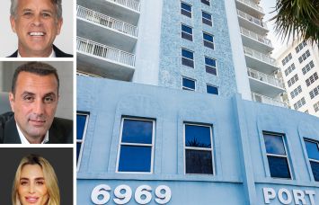 Kolter Group's Bobby Julien (top), BH Group's Isaac Toledano (center) and Liat Toledano, and Port Royale at 6969 Collins Avenue, Miami.