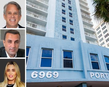 Kolter Group's Bobby Julien (top), BH Group's Isaac Toledano (center) and Liat Toledano, and Port Royale at 6969 Collins Avenue, Miami.