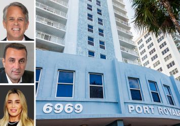 Kolter Group's Bobby Julien (top), BH Group's Isaac Toledano (center) and Liat Toledano, and Port Royale at 6969 Collins Avenue, Miami.
