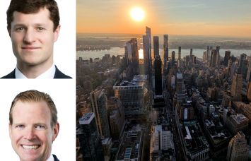 Avison Young's Brandon Polakoff (top) and James Nelson, and the Manhattan skyline from above.