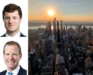 Avison Young's Brandon Polakoff (top) and James Nelson, and the Manhattan skyline from above.