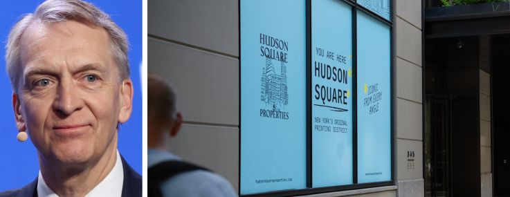 Brookfield CEO Bruce Flatt and a sign for Hudson Square Properties at 555 Greenwich Street.