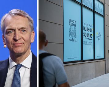 Brookfield CEO Bruce Flatt and a sign for Hudson Square Properties at 555 Greenwich Street.