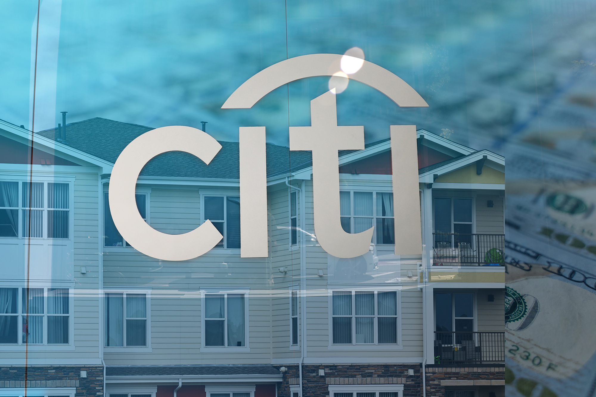 An illustration of a Citi logo overlayed on multifamily housing and U.S. currency.