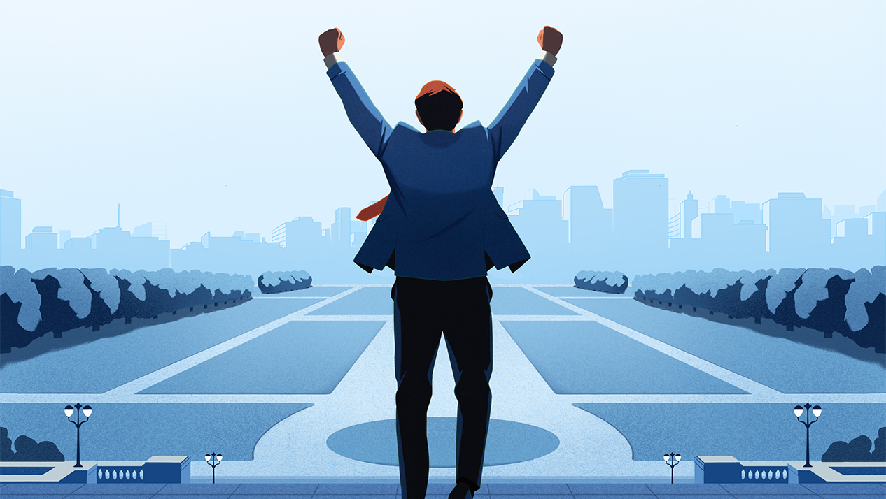 An illustration of a business person standing at the top of the Art Museum steps with their fists raised like Rocky.