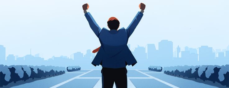 An illustration of a business person standing at the top of the Art Museum steps with their fists raised like Rocky.