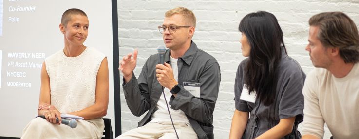 Waverly Neer (from left) of NYCEDC, Christopher Beardsley of Stickbulb, Jean Pelle and Oliver Pelle of Pelle Designs take part in a fireside chat at Commercial Observer's Summer Networking event at MADE Bush Terminal in Brooklyn.