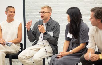 Waverly Neer (from left) of NYCEDC, Christopher Beardsley of Stickbulb, Jean Pelle and Oliver Pelle of Pelle Designs take part in a fireside chat at Commercial Observer's Summer Networking event at MADE Bush Terminal in Brooklyn.