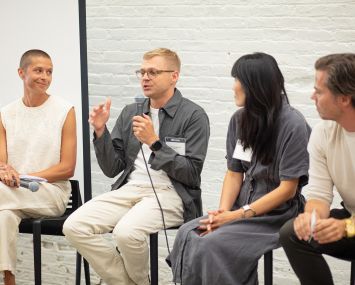 Waverly Neer (from left) of NYCEDC, Christopher Beardsley of Stickbulb, Jean Pelle and Oliver Pelle of Pelle Designs take part in a fireside chat at Commercial Observer's Summer Networking event at MADE Bush Terminal in Brooklyn.