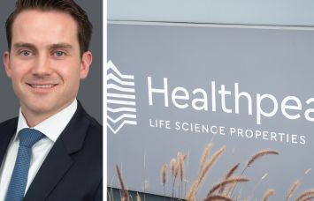 Brookfield Asset Management CEO Connor Teskey and a sign outside one of Healthpeak's properties.