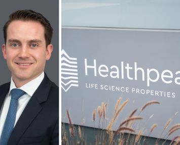 Brookfield Asset Management CEO Connor Teskey and a sign outside one of Healthpeak's properties.