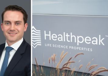 Brookfield Asset Management CEO Connor Teskey and a sign outside one of Healthpeak's properties.